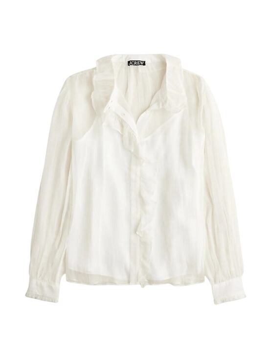 J.Crew Tops - J.Crew Ruffle Button-Up Shirt WMNS Sz 12 White Crinkle Chiffon Sheer Long Sleeve